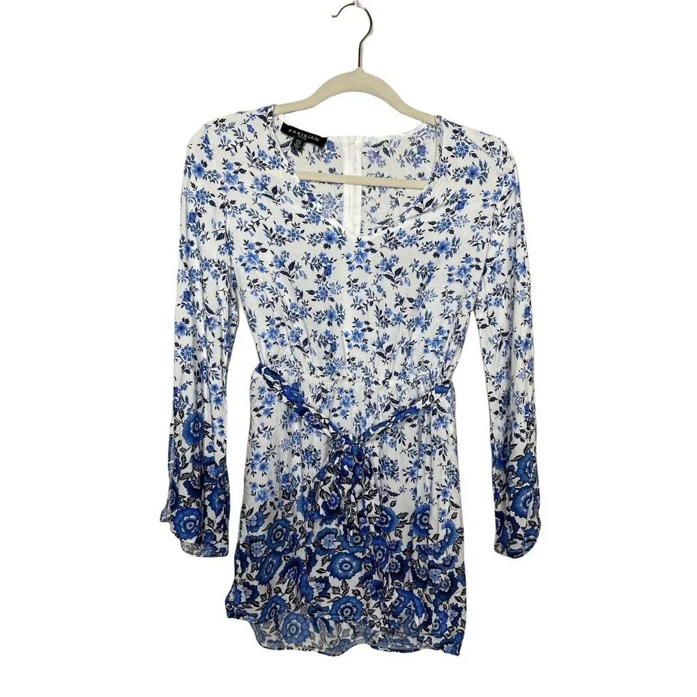 ASOS Parisian Long Sleeve Romper Size 6 Petite Floral Border Print Blue 6P